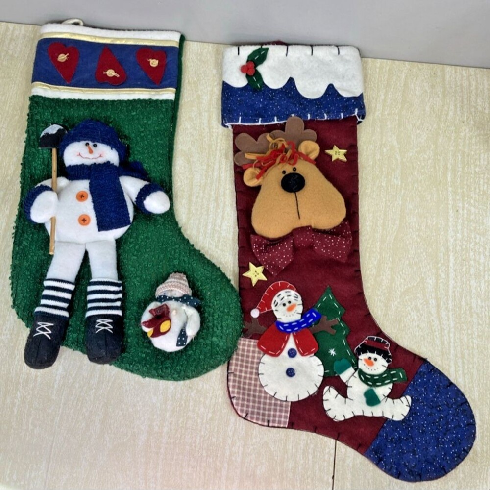 Vintage Embroidered 3D Snowman and Plush Reindeer Christmas Stockings
